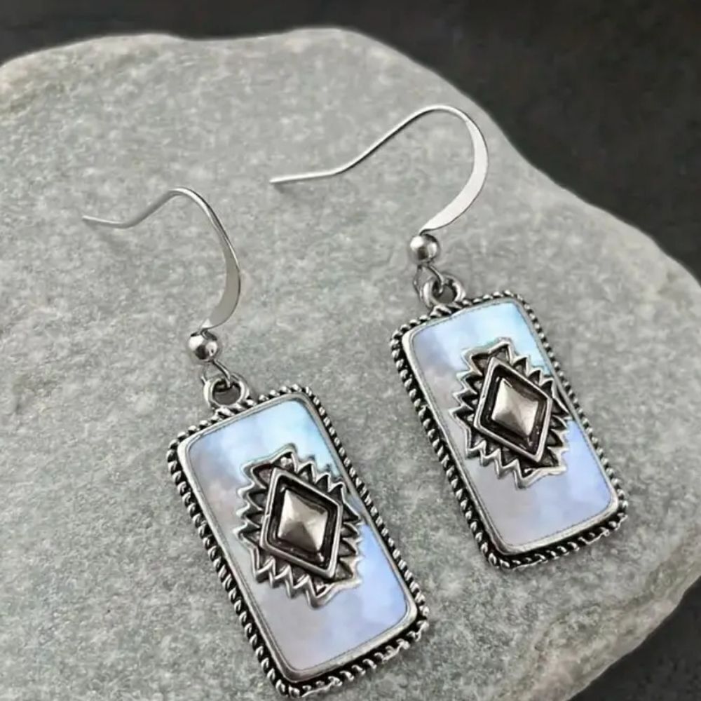 Boho western white gold plated rectangular earrings